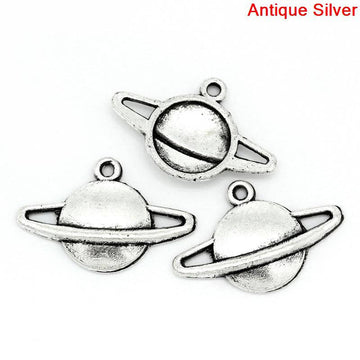 P189 - 10 pcs. Antique Silver Planet Saturn Charms Pendants - 20mm x 13mm (3/4" x 1/2")