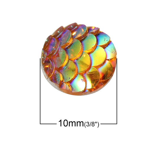 CA308 - 10 pcs Mermaid Fish Scales Resin Carved Embellishment Cabochons Orange AB - 10mm (3/8 in)
