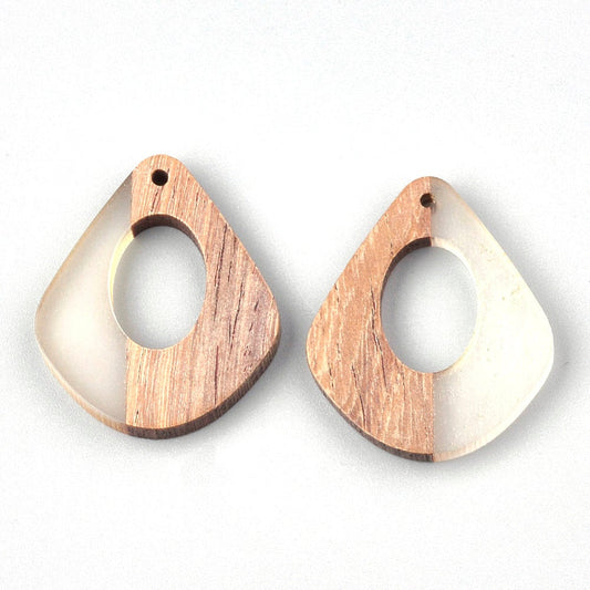 P1060 - 4 pcs. Clear Resin and Wood Teardrop Flat Pendant - 33mm x 28mm - (1.3" x 1.1") - MEDIUM - Great for Earrings and Necklaces!