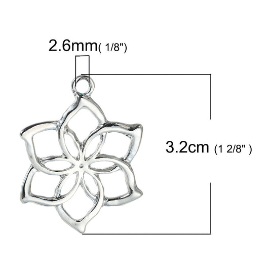 P308 - 1 pc. Silver Plated Lotus Flower Petals Charm Pendant - 32mm X 24mm (1.26" x 1") - LARGE - High Quality!