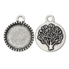 P454A - 100pcs. Antique Silver Circle Round Bezel Cabochon Pendant Tags Trays - 14mm Glue Pad Settings - Tree Design
