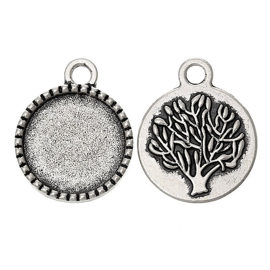 P454A - 100pcs. Antique Silver Circle Round Bezel Cabochon Pendant Tags Trays - 14mm Glue Pad Settings - Tree Design
