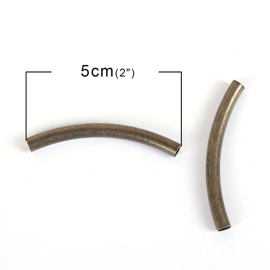 BD560 - 100 pcs. Antique Bronze Noodle Tube Long Thin Smooth Curved Beads - 50mm x 5mm (2" x 0.2") - Hole Size: 4.2mm -Made of Copper! High Quality!