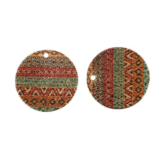 P696 - 10 pcs. Gold Plated Multicolor Enamel Circle Metal Dangle Charms Pendants - Aztec - 20mm - 0.8" - Great for Earrings, Necklaces or Dangles