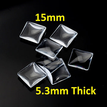 CA033 - 10 pcs. Square Clear Glass Dome Seals Tiles - 15mm - 5.3mm Thick