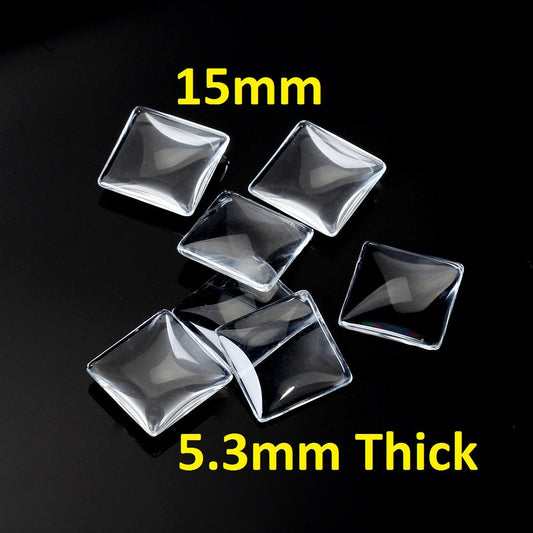 CA033 - 10 pcs. Square Clear Glass Dome Seals Tiles - 15mm - 5.3mm Thick