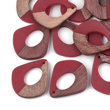 P1061 - 4 pcs. Red Resin and Wood Teardrop Flat Pendant - 33mm x 28mm - (1.3" x 1.1") - MEDIUM - Great for Earrings and Necklaces!