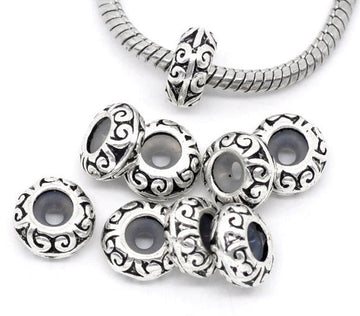 BD561A - 10 pcs Antique Silver Pattern Spacer Stoppers with Rubber - Fits European and Regular Cords - 11mm x 5mm