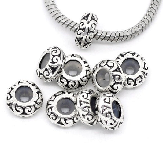 BD561A - 10 pcs Antique Silver Pattern Spacer Stoppers with Rubber - Fits European and Regular Cords - 11mm x 5mm