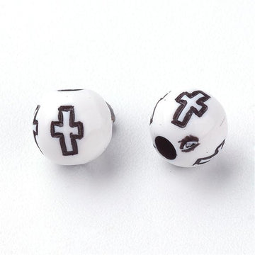 BD026 - 200 pcs. White Acrylic Round Spacer Beads - 6mm - Cross Design - Hole Size: 2mm - Imitation Wood