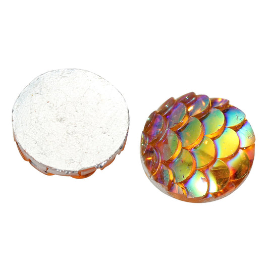 CA308 - 10 pcs Mermaid Fish Scales Resin Carved Embellishment Cabochons Orange AB - 10mm (3/8 in)