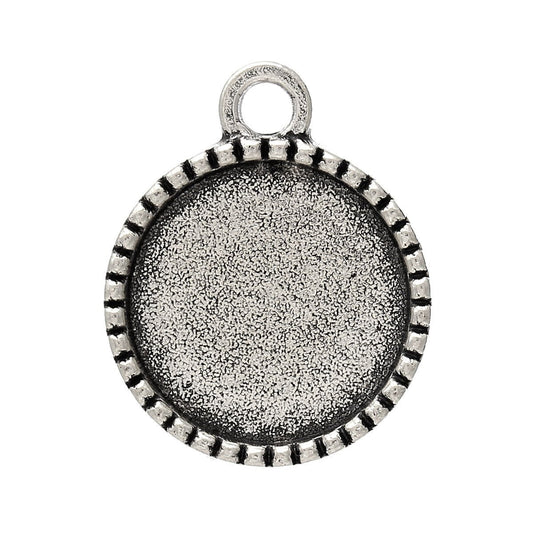 P454A - 100pcs. Antique Silver Circle Round Bezel Cabochon Pendant Tags Trays - 14mm Glue Pad Settings - Tree Design