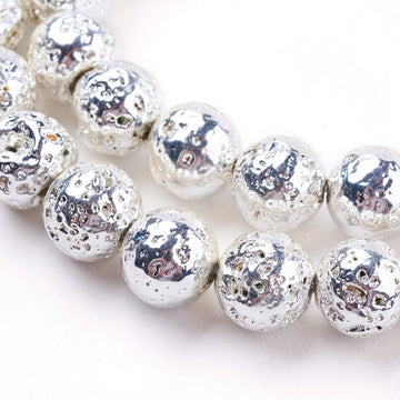 BD527 - 12mm Electroplated Natural Stone Lava Round Beads - Silver Plated - 15.35" strand - Hole Size: 1.5mm - Approx. 29-30 pieces per strand