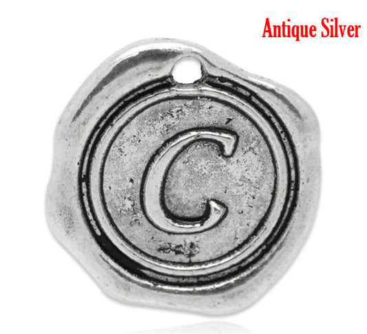 P190 - 5pcs. Antique Silver LARGE Letter "C" Alphabet Letter - 18mm x18mm - Wax Design