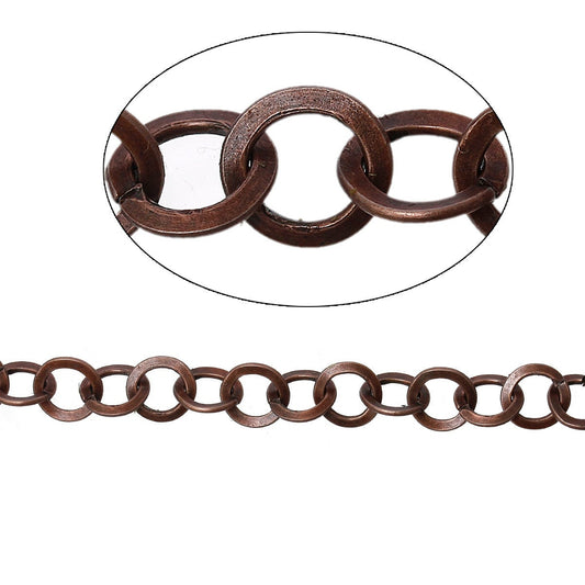 N125 - 2M (6.56 Ft) - Antique Copper Rolo Chain - 10mm (3/8") Links - Open Link Chain