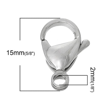 CL044 - 10 pcs. 304 Stainless Steel Lobster Clasps - Silver Tone - 15mm X 9mm - Claw Clasps - Hypoallergenic! Tarnish Resistant!