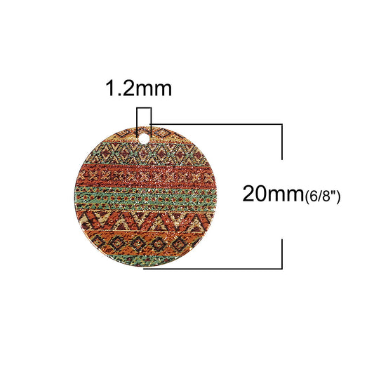 P696 - 10 pcs. Gold Plated Multicolor Enamel Circle Metal Dangle Charms Pendants - Aztec - 20mm - 0.8" - Great for Earrings, Necklaces or Dangles