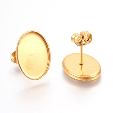 E369 - 10 pcs. 304 Stainless Steel Golden Earring Tacks Posts Studs Settings Bezels Cabochons - Oval - 14mm x 10mm Glue Pad Setting