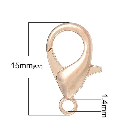 CL105 - 50 pcs. Rose Gold Plated Lobster Parrot Clasps - 15mm X 9mm - Made of Copper - High Quality! Claw Clasps