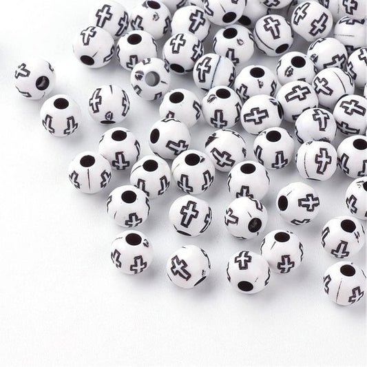 BD026 - 200 pcs. White Acrylic Round Spacer Beads - 6mm - Cross Design - Hole Size: 2mm - Imitation Wood