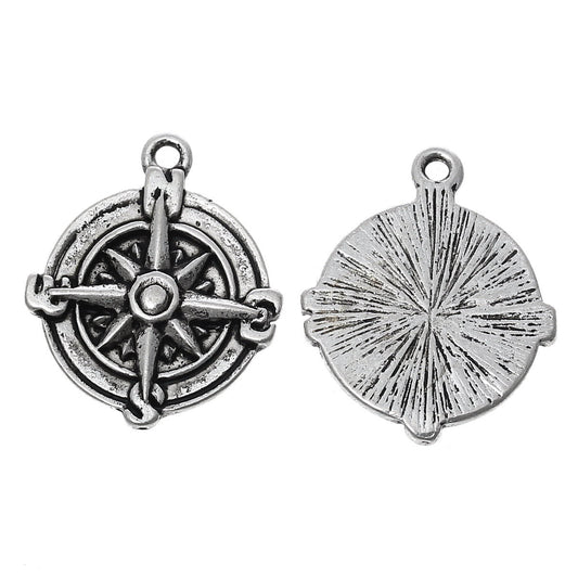 P309 - 10 pcs. Antique Silver Compass Navigational Charms Pendants - 21mm x 17mm