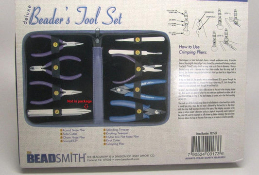 T074 - 9 piece Deluxe Beader's Tool Set - BeadSmith - Chain Nose, Round Nose, Flat Nose, Cutters, Tweezers, Reamer, Scoop! Includes Zippered Pouch!