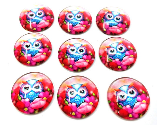CA1030 - 5 pcs Circle Owl Glass Round Dome Seals Tiles Cabochons - 25mm (1 inch) - Pink