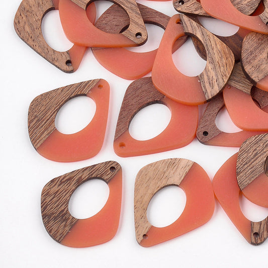 P1062 - 4 pcs. Orange Resin and Wood Teardrop Flat Pendant - 33mm x 28mm - (1.3" x 1.1") - MEDIUM - Great for Earrings and Necklaces!