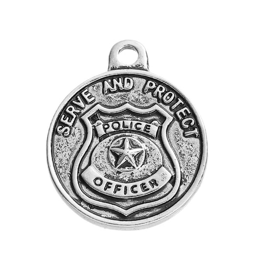 P359 - 2 pcs. Antique Silver Saint Michael Circle "Serve and Protect" Charms Pendants - 29mm x 24mm ( 1 1/8" x 1") - Double Sided - Police Officer