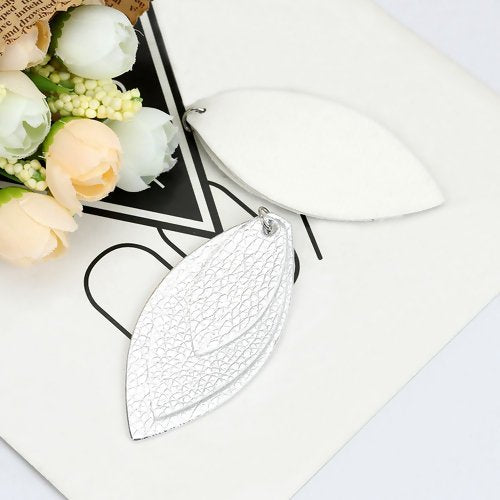 P161 - 10 pcs. Silver Faux Leather Dangle Charms Pendants - Leaf - Triple Layer - 71mm (2.8") - Great for Light Earrings or Dangles!