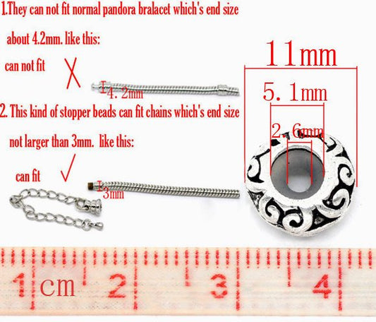 BD561 - 100 pcs Antique Silver Pattern Spacer Stoppers with Rubber - Fits European and Regular Cords - 11mm x 5mm