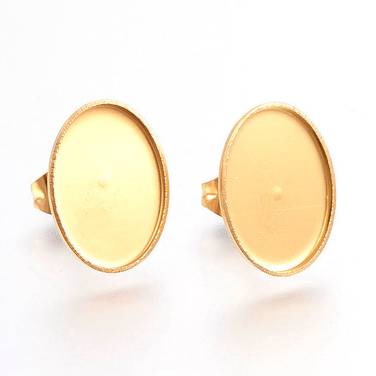 E369 - 10 pcs. 304 Stainless Steel Golden Earring Tacks Posts Studs Settings Bezels Cabochons - Oval - 14mm x 10mm Glue Pad Setting