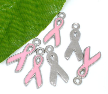 P802 - 20pcs. Silver Tone Pink Enamel Breast Cancer Awareness Ribbon Charms Pendants - 20x9mm