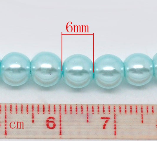BD059 - 6mm Light Blue Glass Pearl Imitation Round Beads - 32 inch strand - Approx. 120 pieces - Hole Size: 1mm