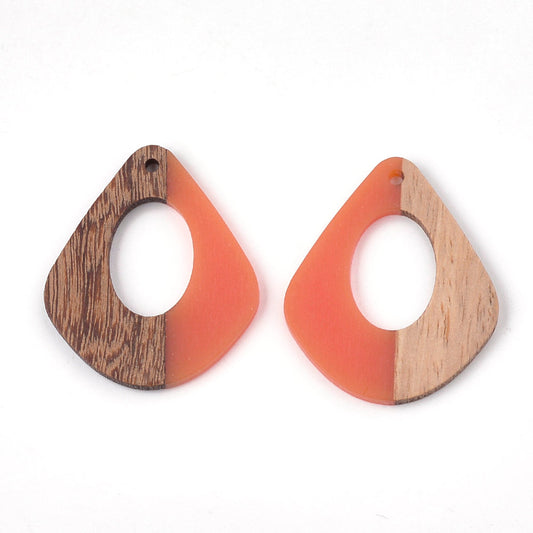 P1062 - 4 pcs. Orange Resin and Wood Teardrop Flat Pendant - 33mm x 28mm - (1.3" x 1.1") - MEDIUM - Great for Earrings and Necklaces!