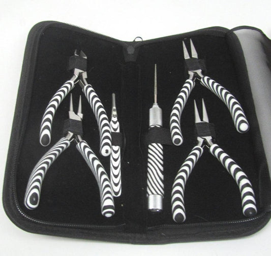 T075 - 6 piece Zebra Tool Plier Kit - BeadSmith - Chain Nose, Round Nose, Flat Nose, Cutters, Tweezers, Reamer! Includes the Zebra Zippered Pouch!