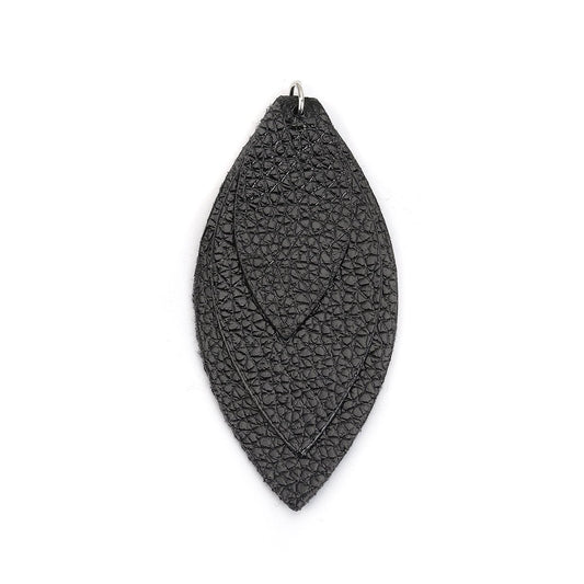 P162 - 10 pcs. Black Faux Leather Dangle Charms Pendants - Leaf - Triple Layer - 71mm (2.8") - Great for Light Earrings or Dangles!