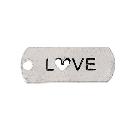 P360 - 10 pcs. Antique Silver "Love" Rectangle Charms Pendants - 21mm X 8mm