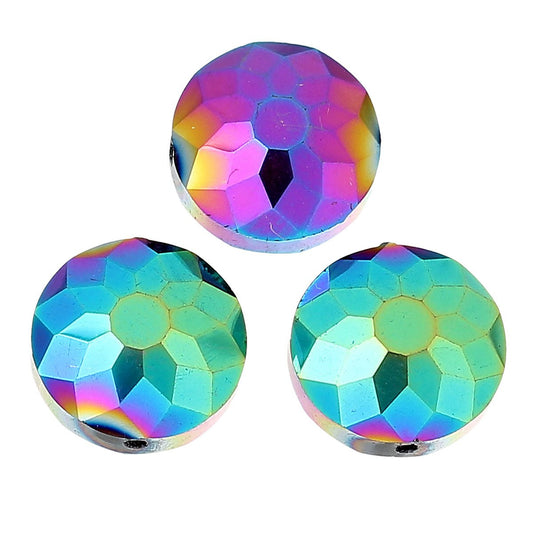 BD422 - 20 pcs Glass Rondelle Faceted Round Flat Beads - 14mm - Rainbow - Iridescent Multicolor - Hole Size: 1.4mm