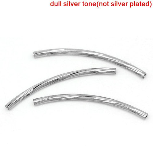 BD475 - 100 pcs. Silver Tone Noodle Twisted Textured Pattern Tube Long Thin Curved Beads - 35mm x 2mm (1.38" x 0.08")
