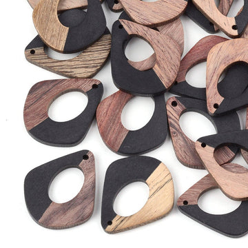 P1063 - 4 pcs. Black Resin and Wood Teardrop Flat Pendant - 33mm x 28mm - (1.3" x 1.1") - MEDIUM - Great for Earrings and Necklaces!