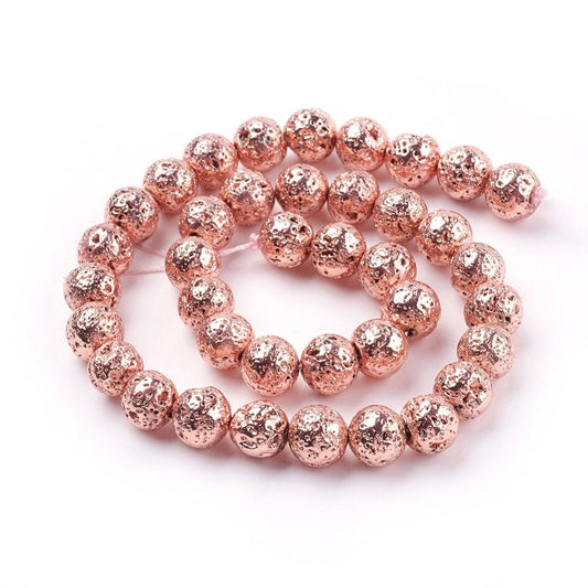 BD528 - 12mm Electroplated Natural Stone Lava Round Beads - Rose Gold Plated - 15.35" strand - Hole Size: 1.5mm - Approx. 29-30 pieces per strand