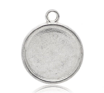 P663 - 10 pcs. Antique Silver Circle Round Bezel Cabochon Pendant Tags Trays - 30mm Glue Pad Setting Housing Cups - Double Sided