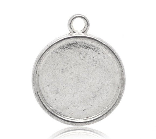 P663 - 10 pcs. Antique Silver Circle Round Bezel Cabochon Pendant Tags Trays - 30mm Glue Pad Setting Housing Cups - Double Sided