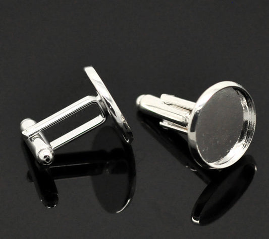 CU043 - Lot of 10 Silver Plated Cuff Links (5 pairs) - 16mm Glue Pad Bezel Setting
