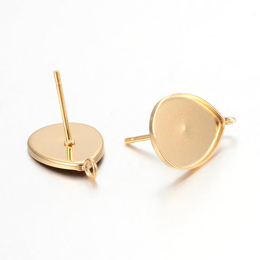 E370 - 10 pcs. 304 Stainless Steel Golden Earring Tacks Posts Studs Settings Bezels Cabochons with Loop - Teardrop - 14mm x 10mm Glue Pad Setting