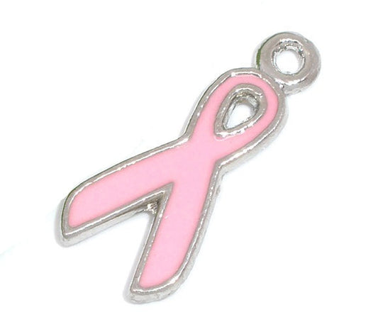 P802 - 20pcs. Silver Tone Pink Enamel Breast Cancer Awareness Ribbon Charms Pendants - 20x9mm