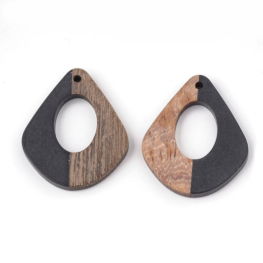P1063 - 4 pcs. Black Resin and Wood Teardrop Flat Pendant - 33mm x 28mm - (1.3" x 1.1") - MEDIUM - Great for Earrings and Necklaces!