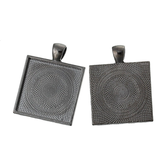 P511 - 10 pcs. Gunmetal Pendant Square Posts Frame Settings Bezels Cabochons Tags Trays - 25mm Glue Pad Setting (1 inch) - 36x28mm