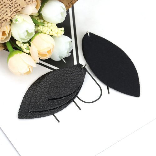 P162 - 10 pcs. Black Faux Leather Dangle Charms Pendants - Leaf - Triple Layer - 71mm (2.8") - Great for Light Earrings or Dangles!